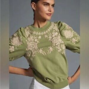 Anthropologie Olive Green Embroidered Shirt